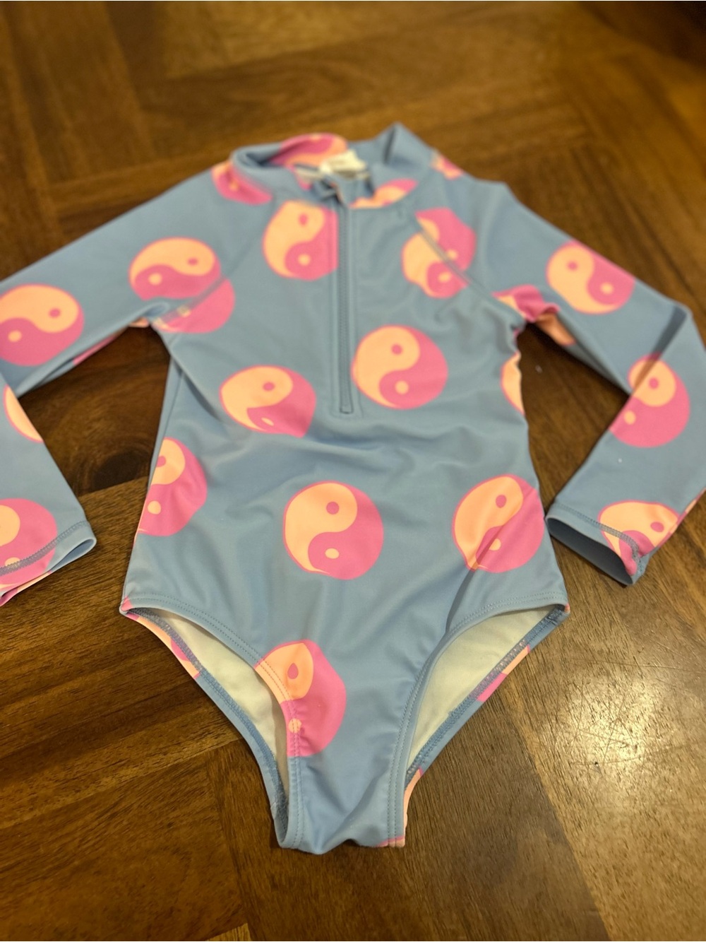 Kids Long-Sleeve One-Piece Swimsuit - Blue with Pink & Peach Yin Yang